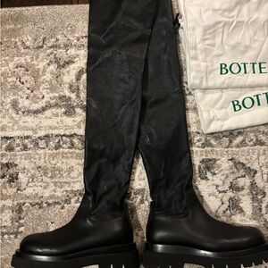 Bottega Veneta thigh-high black leather boots with dust bags.